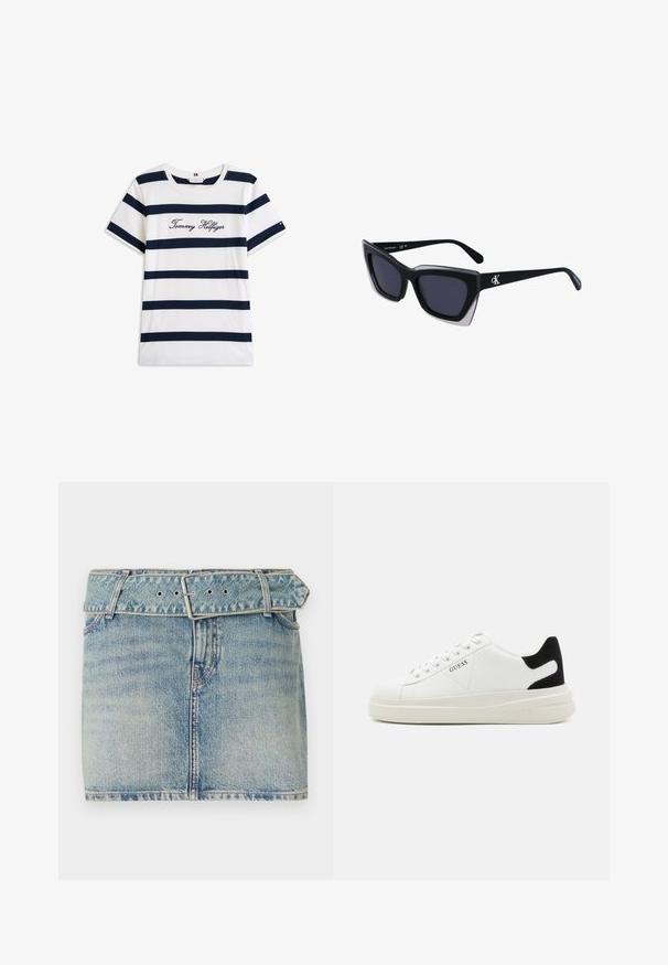 Camiseta de algodón con rayas horizontales azul marino sobre un fondo blanco. "Tommy Hilfiger" bordado en cursiva en el pecho. Escote de tipo crew.; Minifalda de mezclilla con un lavado azul claro, que presenta una cintura con cinturón y hebilla de metal, cinco bolsillos y un ligero desvanecimiento para dar textura.; Zapatillas blancas de cuero con una suela blanca gruesa, acento en el talón de ante negro y logo grabado en el lateral. Diseño de cordones con seis ojales.; Gafas de sol negras de gran tamaño con una forma geométrica, que presentan lentes oscuros y un detalle gris contrastante en la montura. Logo en la pata.