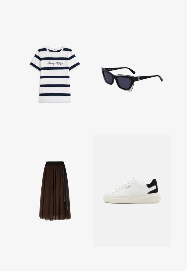 Katoenen T-shirt met horizontale marineblauwe strepen op een witte achtergrond. "Tommy Hilfiger" geborduurd in cursieve letters op de borst. Ronde hals.; Bruine midi-lengte tule rok met zwarte elastische tailleband en lange zwarte lintdetail dat aan één kant hangt.; Witte leren sneakers met een dikke witte zool, zwarte suède hielaccent en een geperst logo op de zijkant. Vetersluiting met zes oogjes.; Zwarte oversized zonnebril met een geometrische vorm, voorzien van donkere glazen en een contrasterend grijs detail op het montuur. Logo op de arm.