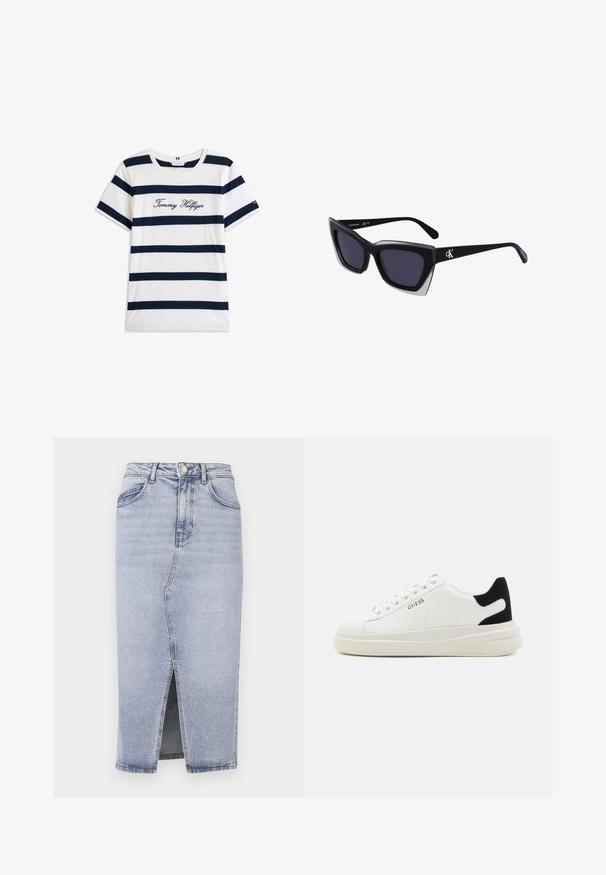 Puuvillainen t-paita, jossa on vaakasuoria tummansinisiä raitoja valkoisella taustalla. "Tommy Hilfiger" brodeerattu kursiivilla rintamuksessa. Pyöreä kaula-aukko.; Vaaleansininen farkkuhame, jossa on korkea vyötärö, suora leikkaus, etuaukko ja kaksi takataskua. Varustettu nappikiinnityksellä ja huomaamattomilla ompeluyksityiskohdilla.; Valkoiset nahkakengät paksulla valkoisella pohjalla, mustalla mokkanahkaosuudella kannassa ja kohokuvioitu logo sivulla. Nauhakeskitys kuudella reiällä.; Mustat ylisuuret aurinkolasit, joissa on geometrinen muoto, tummat linssit ja kehykseen erottuva harmaa yksityiskohta. Logo varressa.