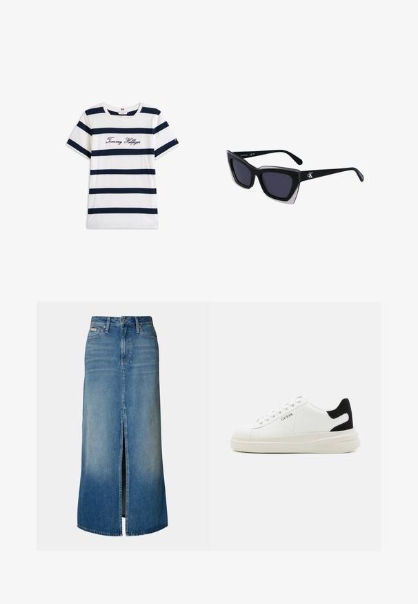 Bombažna majica s horizontalnimi mornarsko modrimi črtami na belem ozadju. "Tommy Hilfiger" izvezeno v kurzivni pisavi na prsih. Okrugli izrez.; Denim maksi krilo v svetlo modri barvi z sprednjim razporkom, zankami za pas, tradicionalnim pet-pocket dizajnom in s sprano obdelavo.; Bele usnjene športne copate z debelim belim podplatom, črnimi semišnimi detajli na peti in utisnjenim logotipom na strani. Zavezovanje s šestimi luknjicami.; Črne prevelike sončne očala geometrijske oblike, z temnimi lečami in kontrastno sivo podrobnostjo na okvirju. Logo na ročaju.