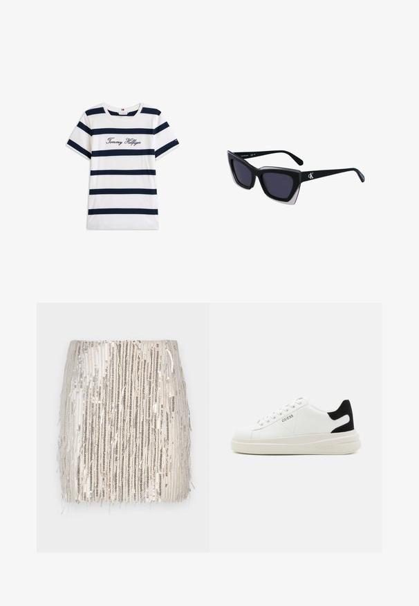 Baltos medvilninės marškinėliai su horizontaliomis tamsiai mėlynomis juostelėmis. Ant krūtinės išsiuvinėtas „Tommy Hilfiger“ rašmuo. Apvalus iškirpimas.; Trumpas smėlinis sijonas su blizgučiais, puoštas vertikaliomis juodomis ir sidabrinėmis linijomis. Kirpimas su franjomis apatinėje dalyje suteikia papildomo tekstūros ir judėjimo.; Baltos odinės sportbačiai su storu baltu padu, juodu nubuko kulno akcentu ir iškilmingu logotipu šone. Su raišteliais, turinčiais šešis akinius.; Juodos didelės saulės akinių su geometrine forma, turinčiais tamsius objektyvus ir kontrastingą pilką detalę ant rėmelio. Logotipas ant šalon.; Sidabriniai lankelio formos auskarai su lygiu, blizgiu paviršiumi, išlenktos formos ir su užsegimu. Minimalistinio dizaino su moderniu apdaila.
