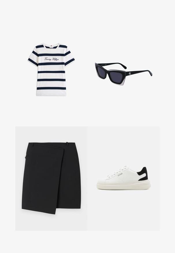 Cotton T-shirt with horizontal navy stripes on a white background. "Tommy Hilfiger" embroidered in cursive on the chest. Crew neckline.; Black wrap skirt with a smooth texture, featuring a side zip closure and two belt loops. Simple design with no visible patterns or accents.; White leather sneakers with a thick white sole, black suede heel accent, and embossed logo on the side. Laced design with six eyelets.; Black oversized sunglasses with a geometric shape, featuring dark lenses and a contrasting grey detail on the frame. Logo on the arm.