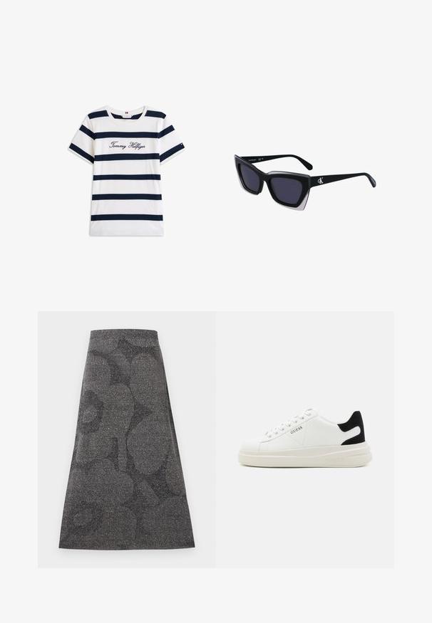 Bavlněné tričko s horizontálními námořnickými pruhy na bílém pozadí. Na hrudi je výšivka "Tommy Hilfiger" v kurzívě. Kulatý výstřih.; Šedá sukně ke kolenům s texturovaným, třpytivým povrchem. Disponuje jemným tmavým vzorem. A-line design s přiléhavým páskem.; Bílé kožené tenisky s tlustou bílou podrážkou, černým semišovým akcentem na patě a vyraženým logem na boku. Šněrovací design se šesti očka.; Černé oversized sluneční brýle geometrického tvaru, s tmavými skly a kontrastním šedým detailem na rámu. Logo na rameni.