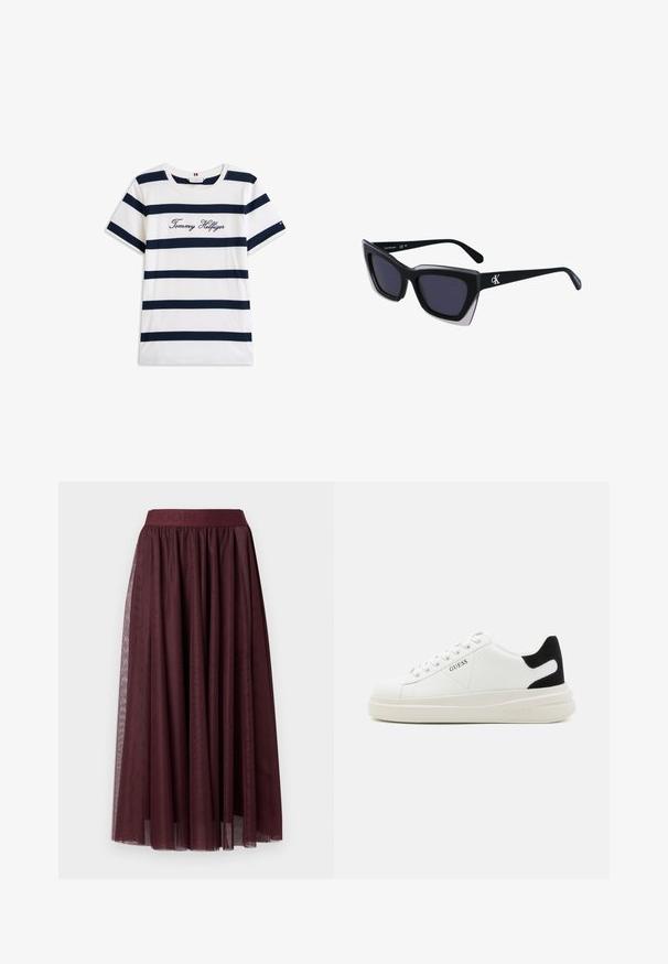 Puuvillane T-särk horisontaalsete tumesiniste triipudega valgel taustal. Rinnal on kiri "Tommy Hilfiger" kantud kursiivis. Ümmargune kaelus.; Tume burdeos midi tülli seelik laia elastse kummiga ja pikkade dekoratiivsete külgribadega.; Valged nahast tennisetossud paksu valge tallaga, musta sametist kontsakeeuga ja külje peal riigilogo reljeefne kujundus. Lukkeskeem kuue silmaauguga.; Mustad suured mustad prillid geomeetrilise kujuga, tumedate läätsedega ja kontrastse halli detailiga raamidel. Logo käe peal.