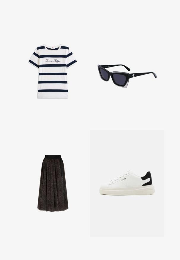 T-shirt in cotone con righe orizzontali blu navy su sfondo bianco. "Tommy Hilfiger" ricamato in corsivo sul petto. Collo a giro.; Gonna midi a fantasia marrone e nera con una vita elastica nera e un dettaglio a striscia nera verticale su un lato.; Sneaker bianchi in pelle con suola spessa bianca, accento in suede nero sul tallone e logo impresso sul lato. Design con lacci e sei fori per i lacci.; Occhiali da sole oversize neri dalla forma geometrica, con lenti scure e un dettaglio grigio a contrasto sulla montatura. Logo sul braccio.