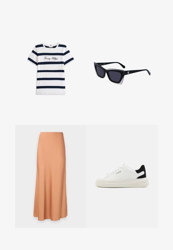 Baumwoll-T-Shirt mit horizontalen navy-blauen Streifen auf weißem Hintergrund. "Tommy Hilfiger" in Kursivschrift auf der Brust gestickt. Runder Halsausschnitt.; Langer, ausgestellter Rock aus einem weichen, pfirsichfarbenen Stoff. Mit einem glatten Bund und sanft fallend zu einem schmalen Saum. Keine sichtbaren Muster oder Akzente.; Weiße Leder-Sneaker mit einer dicken weißen Sohle, schwarzem Wildlederakzent an der Ferse und geprägtem Logo an der Seite. Schnürdesign mit sechs Ösen.; Schwarze übergroße Sonnenbrille mit geometrischer Form, ausgestattet mit dunklen Gläsern und einem kontrastierenden grauen Detail im Rahmen. Logo am Bügel.