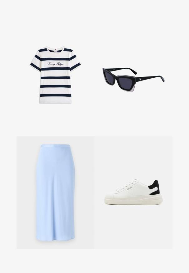 Tricou din bumbac cu dungi orizontale bleumarin pe un fundal alb. "Tommy Hilfiger" brodat în stil cursiv pe piept. Decolteu rotund.; Fustă midi de culoare albastru deschis, realizată dintr-un material neted. Talie ajustată cu o siluetă dreaptă și cusături minime. Un finisaj subtil lucios pe suprafață.; Adidași din piele albă cu o talpă groasă albă, accent de călcâi din suede negru și logo embosat pe lateral. Design cu șireturi și șase orificii.; Ochelari de soare supradimensionați, negri, cu o formă geometrică, având lentile întunecate și un detaliu gri contrastant pe ramă. Logo pe braț.