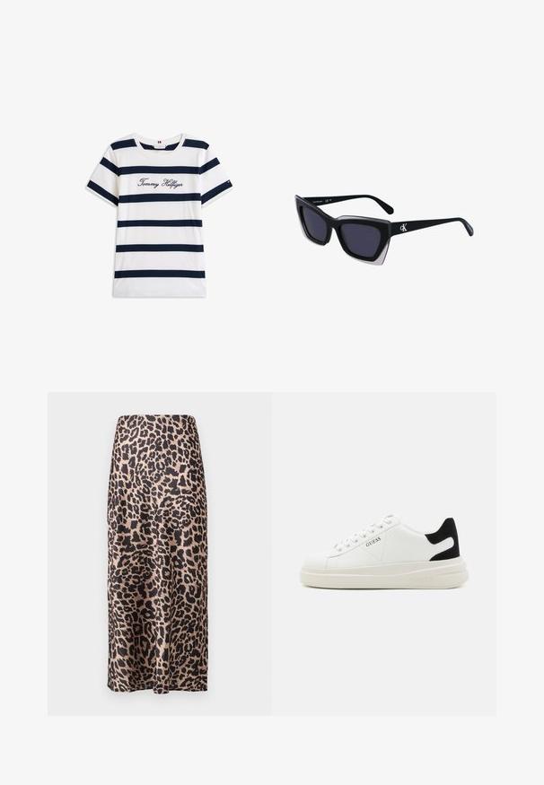 Koftet laget av bomull har horisontale marineblå striper på hvit bakgrunn. "Tommy Hilfiger" brodert i kursiv på brystet. Rund hals.; Løveprikket satengskjørt med høy liv, knelang silhuett, glinsende tekstur og en flytende design.; Hvite lær sneakers med tykk hvit såle, svart semsket hælforsterkning og preget logo på siden. Snøresystem med seks hull.; Store svarte solbriller i overdimensjonert størrelse med geometrisk form, med mørke linser og en kontrasterende grå detalj på rammen. Logo på armen.
