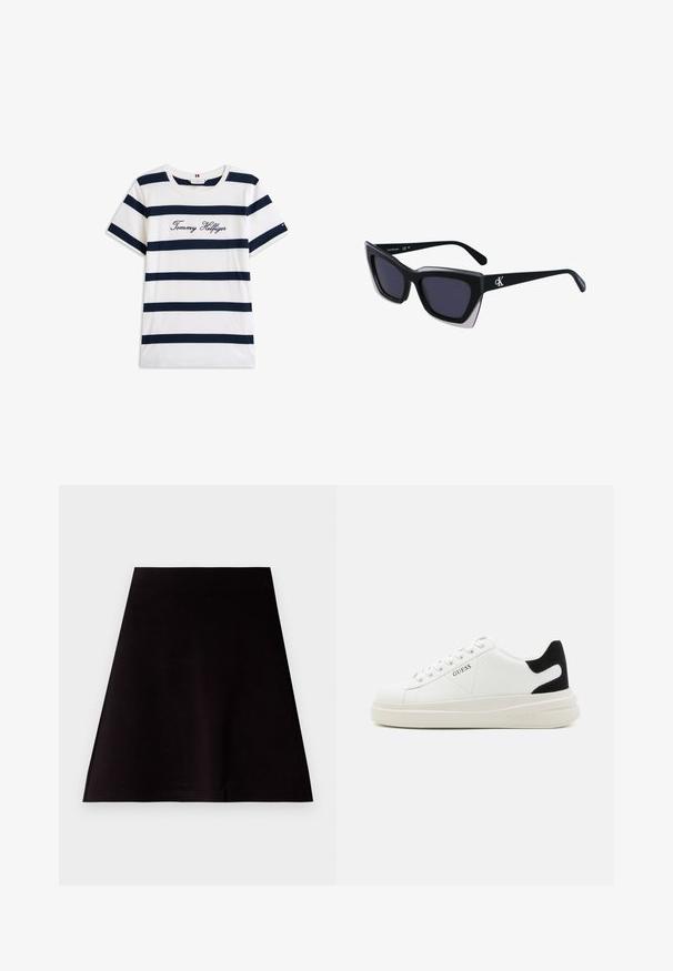 Tricou din bumbac cu dungi orizontale bleumarin pe un fundal alb. "Tommy Hilfiger" brodat în stil cursiv pe piept. Decolteu rotund.; Fustă mini neagră în formă de A, realizată dintr-o țesătură netedă, cu un design curat și simplu. Prezintă un tiv drept și fără modele sau ornamentații vizibile.; Adidași din piele albă cu o talpă groasă albă, accent de călcâi din suede negru și logo embosat pe lateral. Design cu șireturi și șase orificii.; Ochelari de soare supradimensionați, negri, cu o formă geometrică, având lentile întunecate și un detaliu gri contrastant pe ramă. Logo pe braț.