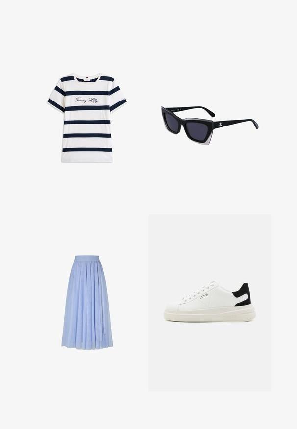 Puuvillane T-särk horisontaalsete tumesiniste triipudega valgel taustal. Rinnal on kiri "Tommy Hilfiger" kantud kursiivis. Ümmargune kaelus.; Heledsinine plisseeritud midi seelik elastse vöökohtaga, millel on peenelt reljeefne brändingu ja kihiline läikiv kangas.; Valged nahast tennisetossud paksu valge tallaga, musta sametist kontsakeeuga ja külje peal riigilogo reljeefne kujundus. Lukkeskeem kuue silmaauguga.; Mustad suured mustad prillid geomeetrilise kujuga, tumedate läätsedega ja kontrastse halli detailiga raamidel. Logo käe peal.