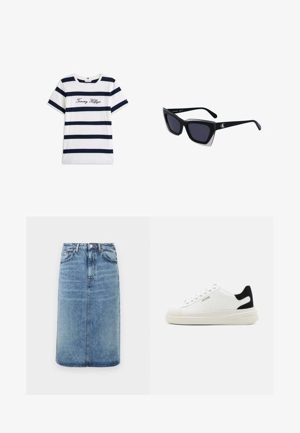 Koftet laget av bomull har horisontale marineblå striper på hvit bakgrunn. "Tommy Hilfiger" brodert i kursiv på brystet. Rund hals.; Jeanskjørt i lys blå. Har en rett silhuett, fem lommer og en knappelukking med beltestropper. Slitt teksturdetaljer.; Hvite lær sneakers med tykk hvit såle, svart semsket hælforsterkning og preget logo på siden. Snøresystem med seks hull.; Store svarte solbriller i overdimensjonert størrelse med geometrisk form, med mørke linser og en kontrasterende grå detalj på rammen. Logo på armen.