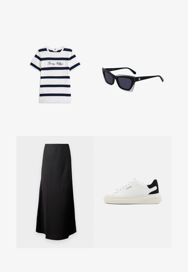 Pamučna majica s horizontalnim tamnoplave pruge na bijeloj pozadini. "Tommy Hilfiger" izvezeno kurzivom na prsima. Okrugli izrez.; Crna midi suknja s glatkom teksturom, dizajnirana s visokim strukom i bočnim prorezom, koja ima jednostavan, neukrašen siluet.; Bijele kožne tenisice s debelim bijelim potplatom, crnim zamšastim akcentom na peti i ugraviranim logom sa strane. Dizajn s vezicama i šest rupa za vezivanje.; Crne oversize sunčane naočale geometrijskog oblika, s tamnim staklima i kontrastnom sivom dekoracijom na okviru. Logo na dršci.