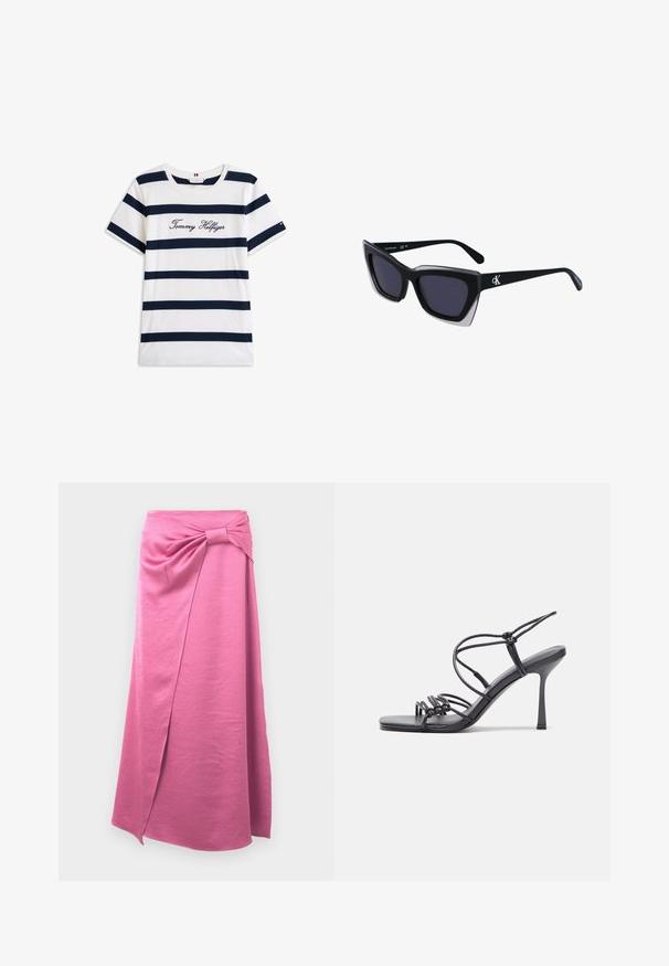Bavlnené tričko s horizontálnymi námorníckymi pruhmi na bielom pozadí. "Tommy Hilfiger" vyšívané kurzívou na hrudi. Okrúhly výstrih.; Dlhá ružová sukňa vyrobená z jemnej látky, so zaväzovaním vpredu a detailom uzla v páse, s rovnou siluetou.; Čierne sandále na vysokom podpätku majú tenké remienky s uzlovým dizajnom, hladký štvorcový špičku a elegantný stiletto podpätok.; Čierne oversized slnečné okuliare s geometrickým tvarom, s tmavými šošovkami a kontrastným šedým detailom na ráme. Logo na mostíku.; Strieborné kruhové náušnice s hladkým, lesklým povrchom, majú zakrivený tvar a zapínanie na puzetu. Minimalistický dizajn s moderným vzhľadom.