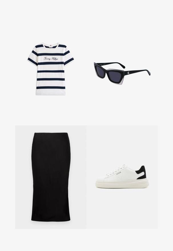 T-shirt i bomull med horisontella marinblå ränder på vit bakgrund. "Tommy Hilfiger" broderat i kursiv på bröstet. Rund halsringning.; Svart, figurnära midikjol med en slät textur, sidöppning och en klassisk midja. Designad för en elegant silhuett.; Vita lädersneakers med en tjock vit sula, svartsuede hälaccent och präglad logotyp på sidan. Snörningsdesign med sex öglor.; Svart överdimensionerade solglasögon med geometrisk form, med mörka linser och en kontrasterande grå detalj på ramen. Logotyp på bygeln.