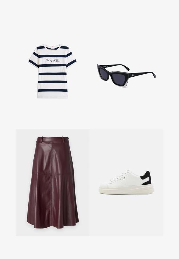 Baltos medvilninės marškinėliai su horizontaliomis tamsiai mėlynomis juostelėmis. Ant krūtinės išsiuvinėtas „Tommy Hilfiger“ rašmuo. Apvalus iškirpimas.; Bordo odinė A formos sijonas su lygiu paviršiumi, matomomis siūlėmis ir juosmeniu. Vidutinio ilgio, platėjantis siluetas su šiek tiek išlenktu kraštu.; Baltos odinės sportbačiai su storu baltu padu, juodu nubuko kulno akcentu ir iškilmingu logotipu šone. Su raišteliais, turinčiais šešis akinius.; Juodos didelės saulės akinių su geometrine forma, turinčiais tamsius objektyvus ir kontrastingą pilką detalę ant rėmelio. Logotipas ant šalon.