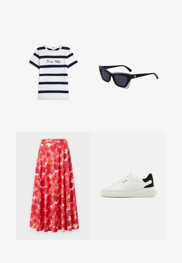 T-shirt i bomull med horisontella marinblå ränder på vit bakgrund. "Tommy Hilfiger" broderat i kursiv på bröstet. Rund halsringning.; Kjol med elastisk midjeband som har ett blommönster av röda och rosa vallmo på en vit bakgrund. Flödande A-linjeform, lättviktig tyg.; Vita lädersneakers med en tjock vit sula, svartsuede hälaccent och präglad logotyp på sidan. Snörningsdesign med sex öglor.; Svart överdimensionerade solglasögon med geometrisk form, med mörka linser och en kontrasterande grå detalj på ramen. Logotyp på bygeln.; Silverfärgade hängande örhängen med en slät, blänkande yta. Rundad form, lätt design, med ett stift- och bakstängning.