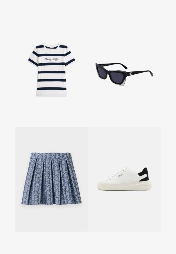 Kokvilnas T-krekls ar horizontālām tumši zilām svītrām uz balta fona. "Tommy Hilfiger" izšūts skriptā uz krūšu daļas. Cauruma apkakle.; Zila plisētā svārki ar ģeometrisku baltu rakstu. Izgatavots no teksturēta auduma ar pieguļošu jostasvietu un slāņotu dizainu.; Baltas ādas sporta apavi ar biezu balto zoli, melna zamša uzpura un izspiestais logotips sānos. Šņorējuma dizains ar sešiem acu caurumiem.; Melni pārmēru saulesbrilles ar ģeometrisku formu, kas aprīkotas ar tumšiem stikliem un kontrastējošu pelēku akcentu uz rāmja. Logo uz kājas.