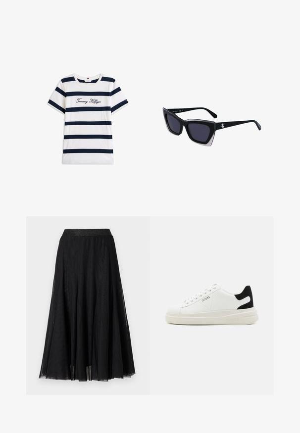 Tricou din bumbac cu dungi orizontale bleumarin pe un fundal alb. "Tommy Hilfiger" brodat în stil cursiv pe piept. Decolteu rotund.; Fustă maxi neagră cu un design texturat și fluid. Prezintă un brâu lat, strălucitor și un material stratificat, transparent pentru un aspect grațios.; Adidași din piele albă cu o talpă groasă albă, accent de călcâi din suede negru și logo embosat pe lateral. Design cu șireturi și șase orificii.; Ochelari de soare supradimensionați, negri, cu o formă geometrică, având lentile întunecate și un detaliu gri contrastant pe ramă. Logo pe braț.