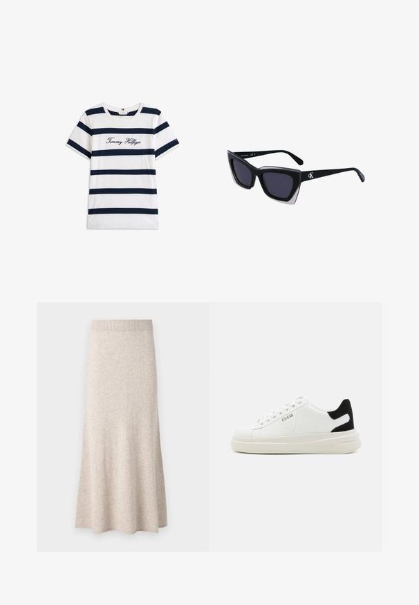 Katoenen T-shirt met horizontale marineblauwe strepen op een witte achtergrond. "Tommy Hilfiger" geborduurd in cursieve letters op de borst. Ronde hals.; Lichtbeige gebreide rok met een geribde tailleband, uitlopende A-lijnvorm en zachte textuur, met subtiele variaties in de stof.; Witte leren sneakers met een dikke witte zool, zwarte suède hielaccent en een geperst logo op de zijkant. Vetersluiting met zes oogjes.; Zwarte oversized zonnebril met een geometrische vorm, voorzien van donkere glazen en een contrasterend grijs detail op het montuur. Logo op de arm.