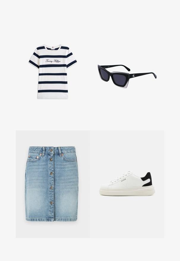 T-shirt i bomuld med vandrette marineblå striber på en hvid baggrund. "Tommy Hilfiger" broderet i kursiv på brystet. Rund hals.; Lyseblå denimnederdel med knaplukning fortil, fem lommer og syningsdetaljer. Har en lige pasform og en let, falmet finish.; Hvide lædersneakers med en tyk hvid sål, sort ruskindhælvægt og prægede logoer på siden. Snørebåndsdesign med seks øjer.; Store sorte oversized solbriller med geometrisk form, med mørke linser og en kontrasterende grå detalje på stellet. Logo på armen.