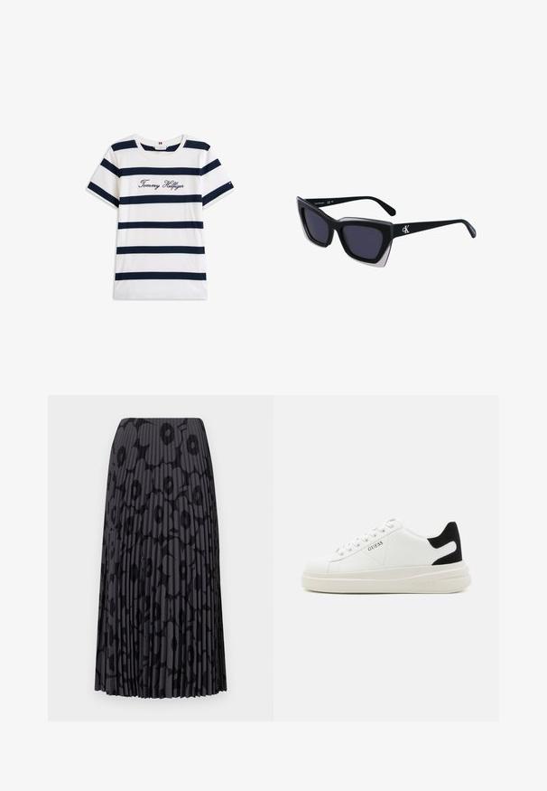 Baltos medvilninės marškinėliai su horizontaliomis tamsiai mėlynomis juostelėmis. Ant krūtinės išsiuvinėtas „Tommy Hilfiger“ rašmuo. Apvalus iškirpimas.; Juoda klostuota sijonas su gėlių raštu, pagamintas iš lengvos medžiagos; turi vertikalias juosteles ir elastinę juosmenį.; Baltos odinės sportbačiai su storu baltu padu, juodu nubuko kulno akcentu ir iškilmingu logotipu šone. Su raišteliais, turinčiais šešis akinius.; Juodos didelės saulės akinių su geometrine forma, turinčiais tamsius objektyvus ir kontrastingą pilką detalę ant rėmelio. Logotipas ant šalon.
