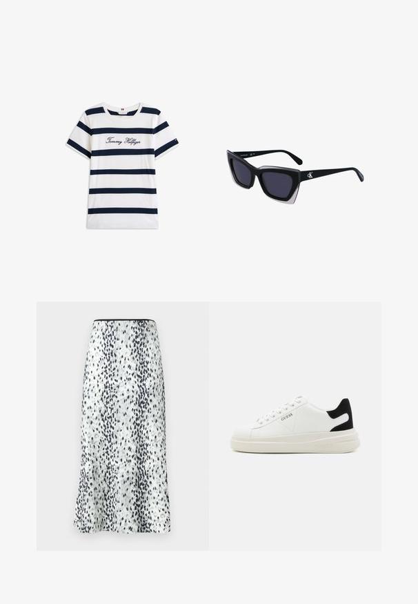 T-shirt en coton avec des rayures horizontales bleu marine sur un fond blanc. "Tommy Hilfiger" brodé en écriture cursive sur la poitrine. Encolure ras du cou.; Une jupe de longueur genou en tissu blanc avec un motif tacheté noir et gris, terminée par une taille simple et un petit logo.; Baskets en cuir blanc avec une épaisse semelle blanche, un accent en daim noir au niveau du talon et un logo embossé sur le côté. Design à lacets avec six œillets.; Lunettes de soleil noires surdimensionnées avec une forme géométrique, dotées de verres foncés et d'un détail gris contrastant sur la monture. Logo sur la branche.