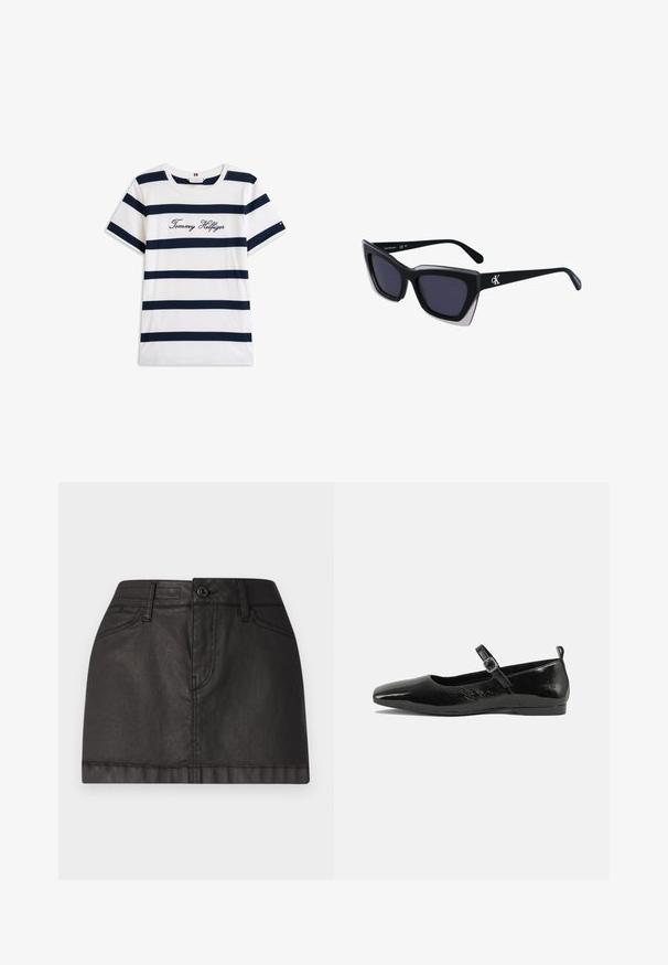 Koftet laget av bomull har horisontale marineblå striper på hvit bakgrunn. "Tommy Hilfiger" brodert i kursiv på brystet. Rund hals.; Svart denim mini-skjørt med frontknappåpning, beltehanker og to frontlommer. Glatt tekstur med subtil glans.; Svarte lakk lær leiligheter med spiss tå, ankelstroppe med spenne, og en glatt, skinnende tekstur. Lav hæl for komfort.; Store svarte solbriller i overdimensjonert størrelse med geometrisk form, med mørke linser og en kontrasterende grå detalj på rammen. Logo på armen.; Sølvmetalløreringer med en jevn, dråpeform og en polert finish. Subtile graveringer legger til detaljer. Minimalistisk design.