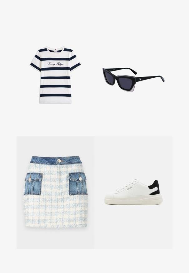 Katoenen T-shirt met horizontale marineblauwe strepen op een witte achtergrond. "Tommy Hilfiger" geborduurd in cursieve letters op de borst. Ronde hals.; Denim mini-jurk met een lichtblauw en wit ruitpatroon, voorzien van twee voorzakken met denimaccenten en een knoopsluiting bij de taille.; Witte leren sneakers met een dikke witte zool, zwarte suède hielaccent en een geperst logo op de zijkant. Vetersluiting met zes oogjes.; Zwarte oversized zonnebril met een geometrische vorm, voorzien van donkere glazen en een contrasterend grijs detail op het montuur. Logo op de arm.