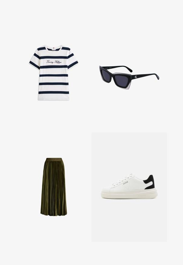 Tricou din bumbac cu dungi orizontale bleumarin pe un fundal alb. "Tommy Hilfiger" brodat în stil cursiv pe piept. Decolteu rotund.; Fustă plisată, midi, de culoare verde măslin, cu talie elastică, având un subtil logo "JOOP!", realizată dintr-un material asemănător satinului și cu o siluetă fluidă.; Adidași din piele albă cu o talpă groasă albă, accent de călcâi din suede negru și logo embosat pe lateral. Design cu șireturi și șase orificii.; Ochelari de soare supradimensionați, negri, cu o formă geometrică, având lentile întunecate și un detaliu gri contrastant pe ramă. Logo pe braț.
