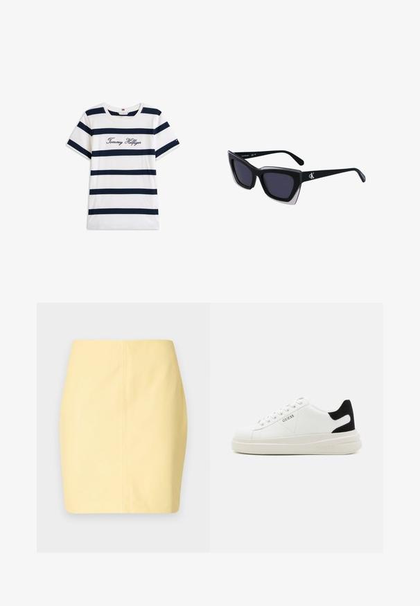 Katoenen T-shirt met horizontale marineblauwe strepen op een witte achtergrond. "Tommy Hilfiger" geborduurd in cursieve letters op de borst. Ronde hals.; Geel mini-rok met een gladde textuur en slim fit, met een schoon ontwerp en minimale stikdetails.; Witte leren sneakers met een dikke witte zool, zwarte suède hielaccent en een geperst logo op de zijkant. Vetersluiting met zes oogjes.; Zwarte oversized zonnebril met een geometrische vorm, voorzien van donkere glazen en een contrasterend grijs detail op het montuur. Logo op de arm.