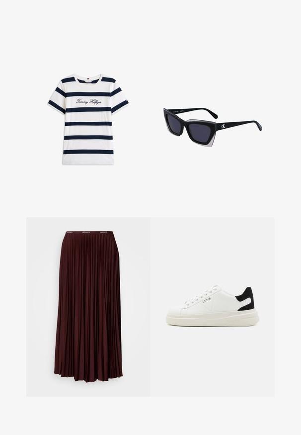 Bavlnené tričko s horizontálnymi námorníckymi pruhmi na bielom pozadí. "Tommy Hilfiger" vyšívané kurzívou na hrudi. Okrúhly výstrih.; Burgundská plisovaná sukňa vyrobená z mäkkej tkaniny s elastickým pásom a nenápadným logom. Dĺžka sukne je celá s vertikálnymi plisami.; Biele kožené tenisky s hrubou bielou podrážkou, čiernym zamekom na päte a vyrazeným logom na boku. Šnurovací dizajn so šiestimi očkami.; Čierne oversized slnečné okuliare s geometrickým tvarom, s tmavými šošovkami a kontrastným šedým detailom na ráme. Logo na mostíku.