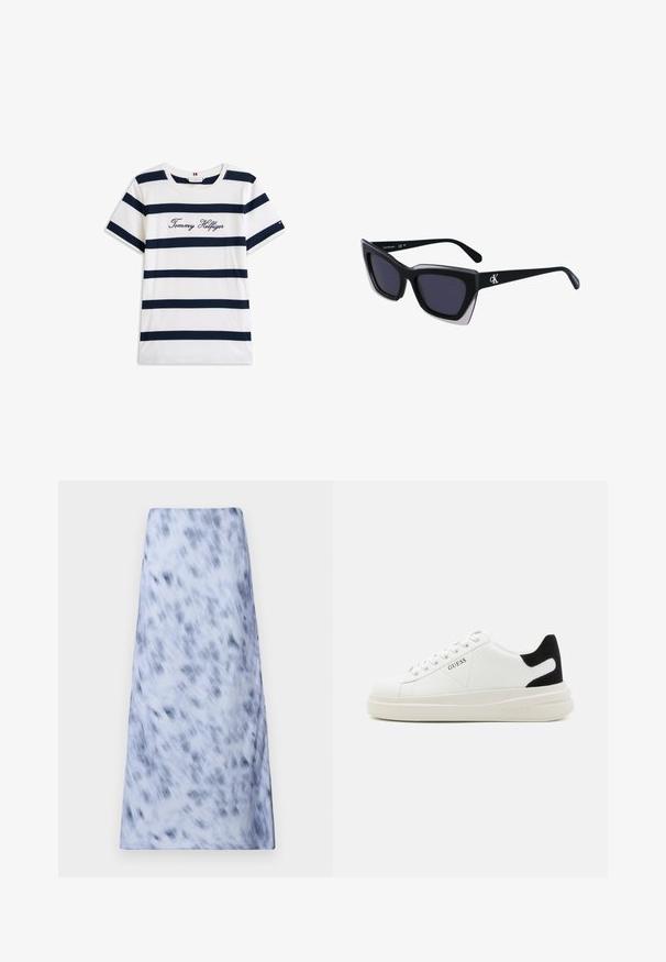 Puuvillane T-särk horisontaalsete tumesiniste triipudega valgel taustal. Rinnal on kiri "Tommy Hilfiger" kantud kursiivis. Ümmargune kaelus.; Pikk, helesinine seelik, millel on udune tume sinine mustrit. Kanga välimus on pehme, sile ja lihtsa disainiga.; Valged nahast tennisetossud paksu valge tallaga, musta sametist kontsakeeuga ja külje peal riigilogo reljeefne kujundus. Lukkeskeem kuue silmaauguga.; Mustad suured mustad prillid geomeetrilise kujuga, tumedate läätsedega ja kontrastse halli detailiga raamidel. Logo käe peal.