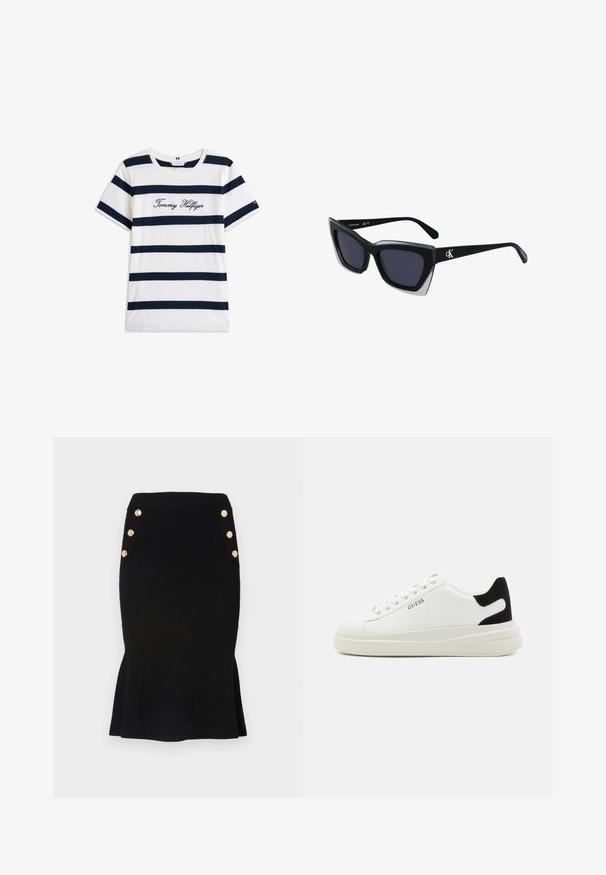 Koftet laget av bomull har horisontale marineblå striper på hvit bakgrunn. "Tommy Hilfiger" brodert i kursiv på brystet. Rund hals.; Svart strikket blyantskjørt med ribbet tekstur, utsvingt nederkant og gullknappdetaljer på livet for en ekstra touch.; Hvite lær sneakers med tykk hvit såle, svart semsket hælforsterkning og preget logo på siden. Snøresystem med seks hull.; Store svarte solbriller i overdimensjonert størrelse med geometrisk form, med mørke linser og en kontrasterende grå detalj på rammen. Logo på armen.