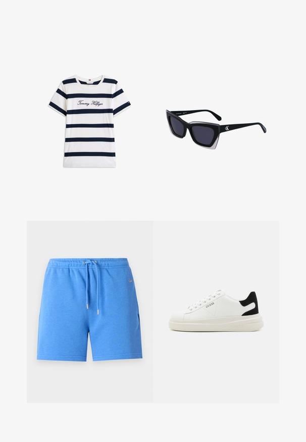 Puuvillainen t-paita, jossa on vaakasuoria tummansinisiä raitoja valkoisella taustalla. "Tommy Hilfiger" brodeerattu kursiivilla rintamuksessa. Pyöreä kaula-aukko.; Siniset puuvillashortsit, joissa on joustava vyötärö, kiristysnauha ja kultasävyiset yksityiskohdat. Ominaisuudet sileä pinta ja sivutaskut.; Valkoiset nahkakengät paksulla valkoisella pohjalla, mustalla mokkanahkaosuudella kannassa ja kohokuvioitu logo sivulla. Nauhakeskitys kuudella reiällä.; Mustat ylisuuret aurinkolasit, joissa on geometrinen muoto, tummat linssit ja kehykseen erottuva harmaa yksityiskohta. Logo varressa.