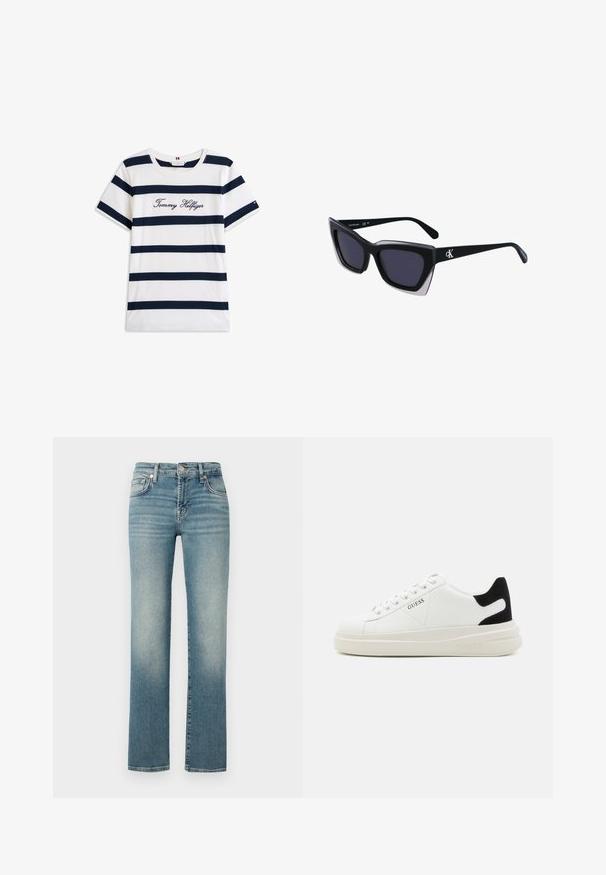 Camiseta de algodón con rayas horizontales azul marino sobre un fondo blanco. "Tommy Hilfiger" bordado en cursiva en el pecho. Escote de tipo crew.; Jeans de mezclilla azul con corte recto, con zonas desgastadas, diseño de cinco bolsillos y cierre de botón metálico en la cintura.; Zapatillas blancas de cuero con una suela blanca gruesa, acento en el talón de ante negro y logo grabado en el lateral. Diseño de cordones con seis ojales.; Gafas de sol negras de gran tamaño con una forma geométrica, que presentan lentes oscuros y un detalle gris contrastante en la montura. Logo en la pata.