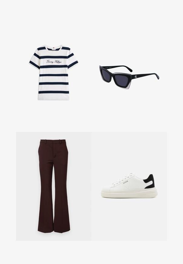 Katoenen T-shirt met horizontale marineblauwe strepen op een witte achtergrond. "Tommy Hilfiger" geborduurd in cursieve letters op de borst. Ronde hals.; Bruine flared broeken gemaakt van een soepel materiaal, met een getailleerde tailleband, riemlussen en een schone voorkant zonder zakken.; Witte leren sneakers met een dikke witte zool, zwarte suède hielaccent en een geperst logo op de zijkant. Vetersluiting met zes oogjes.; Zwarte oversized zonnebril met een geometrische vorm, voorzien van donkere glazen en een contrasterend grijs detail op het montuur. Logo op de arm.