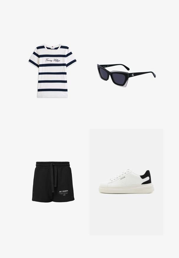 Kokvilnas T-krekls ar horizontālām tumši zilām svītrām uz balta fona. "Tommy Hilfiger" izšūts skriptā uz krūšu daļas. Cauruma apkakle.; Melnas kokvilnas šortus ar elastīgu jostasvietu, auklu, baltu logotipa detaļu un spiedpogu akcentiem sānos. Gluda virsma, ikdienišķs dizains.; Baltas ādas sporta apavi ar biezu balto zoli, melna zamša uzpura un izspiestais logotips sānos. Šņorējuma dizains ar sešiem acu caurumiem.; Melni pārmēru saulesbrilles ar ģeometrisku formu, kas aprīkotas ar tumšiem stikliem un kontrastējošu pelēku akcentu uz rāmja. Logo uz kājas.