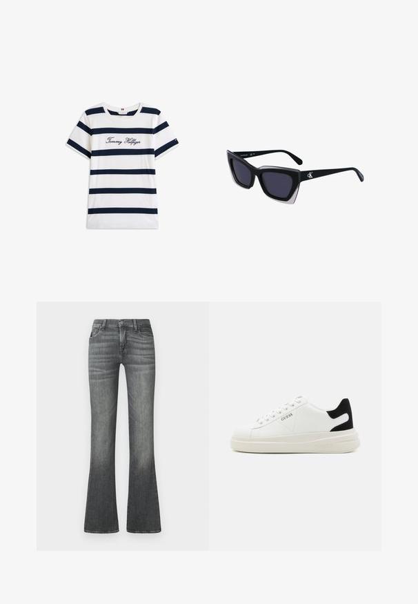 Cotton T-shirt with horizontal navy stripes on a white background. "Tommy Hilfiger" embroidered in cursive on the chest. Crew neckline.; Gray flared jeans made of denim, featuring a mid-rise waistband, subtle fading, and classic five-pocket design.; White leather sneakers with a thick white sole, black suede heel accent, and embossed logo on the side. Laced design with six eyelets.; Black oversized sunglasses with a geometric shape, featuring dark lenses and a contrasting grey detail on the frame. Logo on the arm.