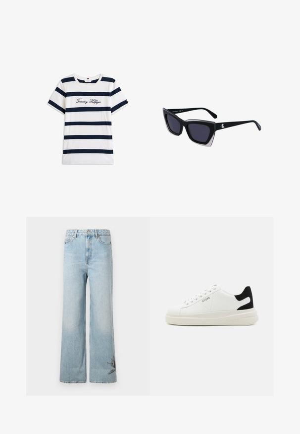 Bombažna majica s horizontalnimi mornarsko modrimi črtami na belem ozadju. "Tommy Hilfiger" izvezeno v kurzivni pisavi na prsih. Okrugli izrez.; Svijetloplave široke traperice, izrađene od denima, s izblijedjelom teksturom i cvjetnim vezom na donjem lijevom nogavici.; Bele usnjene športne copate z debelim belim podplatom, črnimi semišnimi detajli na peti in utisnjenim logotipom na strani. Zavezovanje s šestimi luknjicami.; Črne prevelike sončne očala geometrijske oblike, z temnimi lečami in kontrastno sivo podrobnostjo na okvirju. Logo na ročaju.
