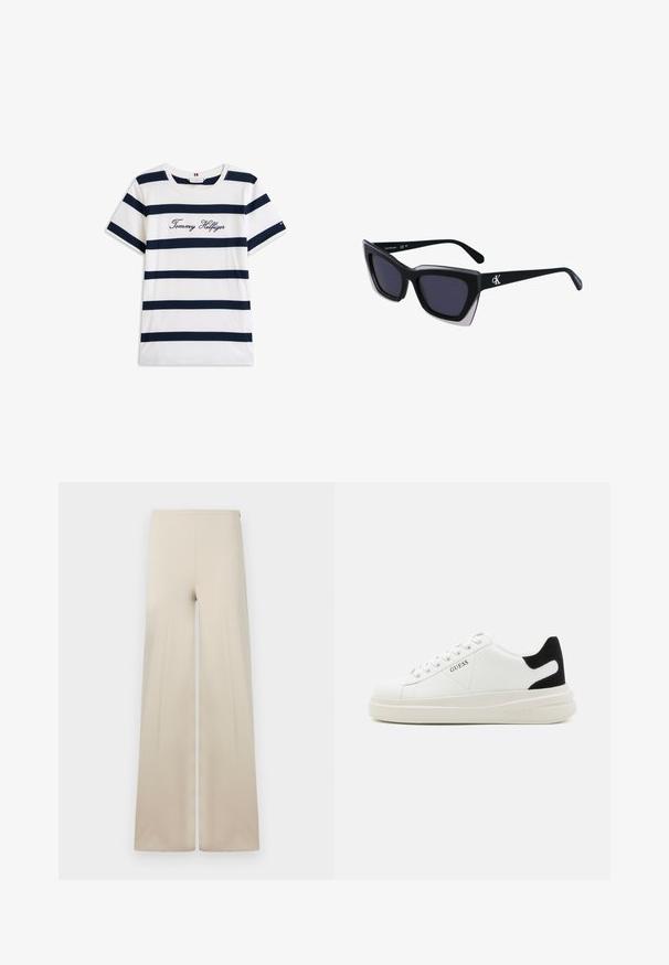 T-shirt in cotone con righe orizzontali blu navy su sfondo bianco. "Tommy Hilfiger" ricamato in corsivo sul petto. Collo a giro.; Pantaloni beige a gamba larga realizzati in tessuto morbido con una texture liscia. Presentano una vita alta elasticizzata per il massimo comfort e un design pulito e minimalista.; Sneaker bianchi in pelle con suola spessa bianca, accento in suede nero sul tallone e logo impresso sul lato. Design con lacci e sei fori per i lacci.; Occhiali da sole oversize neri dalla forma geometrica, con lenti scure e un dettaglio grigio a contrasto sulla montatura. Logo sul braccio.