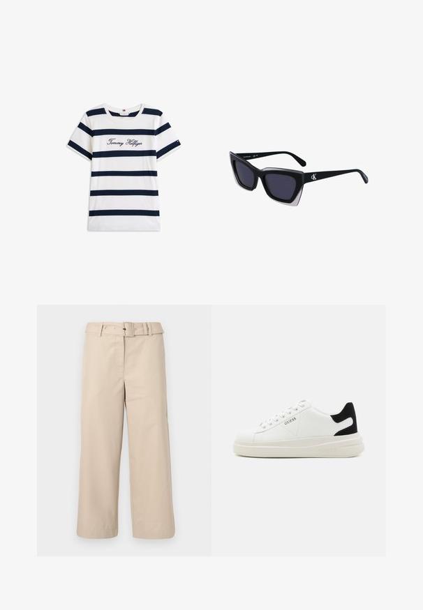 Puuvillane T-särk horisontaalsete tumesiniste triipudega valgel taustal. Rinnal on kiri "Tommy Hilfiger" kantud kursiivis. Ümmargune kaelus.; Beežid, laiad püksid, mis on valmistatud siledast kangast. Omavad vöödiga taljet ja kahte küljetaskut. Puhtad õmblused ja viimistletud serv.; Valged nahast tennisetossud paksu valge tallaga, musta sametist kontsakeeuga ja külje peal riigilogo reljeefne kujundus. Lukkeskeem kuue silmaauguga.; Mustad suured mustad prillid geomeetrilise kujuga, tumedate läätsedega ja kontrastse halli detailiga raamidel. Logo käe peal.