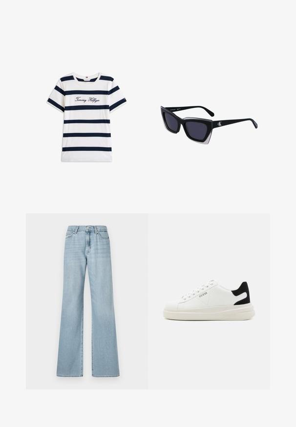 Pamučna majica s horizontalnim tamnoplave pruge na bijeloj pozadini. "Tommy Hilfiger" izvezeno kurzivom na prsima. Okrugli izrez.; Svijetloplave široke traperice, izrađene od denima, s visokim strukom, prednjim džepovima i suptilnim izblijeđivanjem kroz cijeli materijal.; Bijele kožne tenisice s debelim bijelim potplatom, crnim zamšastim akcentom na peti i ugraviranim logom sa strane. Dizajn s vezicama i šest rupa za vezivanje.; Crne oversize sunčane naočale geometrijskog oblika, s tamnim staklima i kontrastnom sivom dekoracijom na okviru. Logo na dršci.