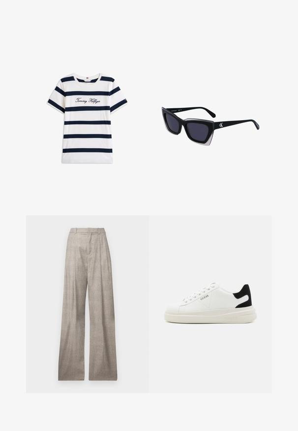 Kokvilnas T-krekls ar horizontālām tumši zilām svītrām uz balta fona. "Tommy Hilfiger" izšūts skriptā uz krūšu daļas. Cauruma apkakle.; Gaiši pelēki, platās kājas bikses ar smalku šaha rakstu, dzīslām, jostu cilpām un gludu tekstūru.; Baltas ādas sporta apavi ar biezu balto zoli, melna zamša uzpura un izspiestais logotips sānos. Šņorējuma dizains ar sešiem acu caurumiem.; Melni pārmēru saulesbrilles ar ģeometrisku formu, kas aprīkotas ar tumšiem stikliem un kontrastējošu pelēku akcentu uz rāmja. Logo uz kājas.