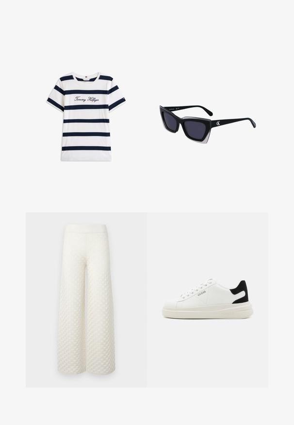 Cotton T-shirt with horizontal navy stripes on a white background. "Tommy Hilfiger" embroidered in cursive on the chest. Crew neckline.; Wide-leg trousers in cream, featuring a textured quilted pattern, elastic waistband, and smooth fabric with a subtle sheen.; White leather sneakers with a thick white sole, black suede heel accent, and embossed logo on the side. Laced design with six eyelets.; Black oversized sunglasses with a geometric shape, featuring dark lenses and a contrasting grey detail on the frame. Logo on the arm.