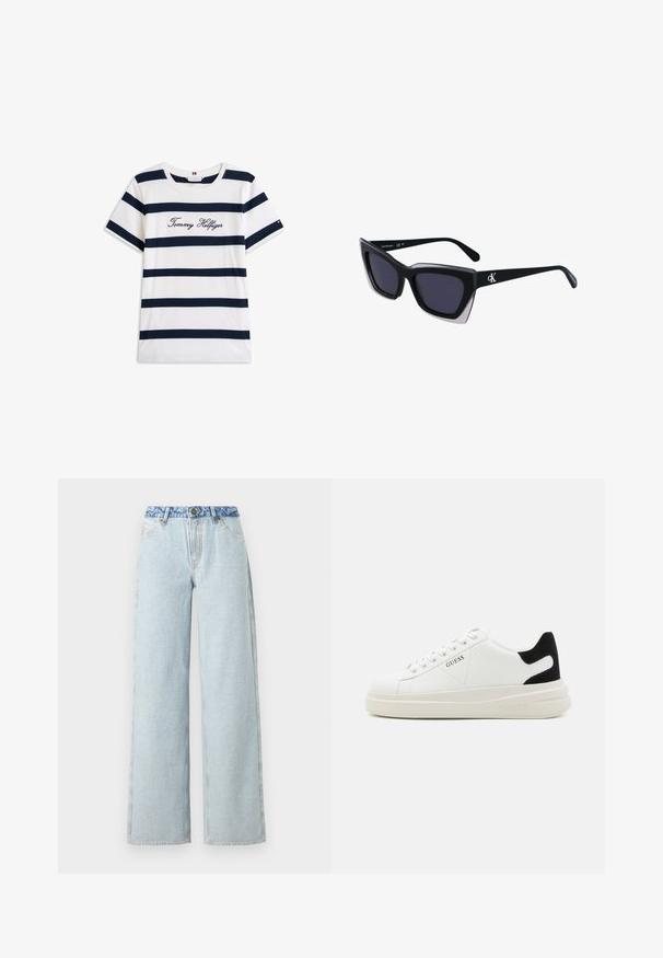Kokvilnas T-krekls ar horizontālām tumši zilām svītrām uz balta fona. "Tommy Hilfiger" izšūts skriptā uz krūšu daļas. Cauruma apkakle.; Gaiši zili platākā stila džinsi ar izbalinātu apdari, ar kontrastējošu zilu denima jostu un tradicionālo piecu kabatu dizainu.; Baltas ādas sporta apavi ar biezu balto zoli, melna zamša uzpura un izspiestais logotips sānos. Šņorējuma dizains ar sešiem acu caurumiem.; Melni pārmēru saulesbrilles ar ģeometrisku formu, kas aprīkotas ar tumšiem stikliem un kontrastējošu pelēku akcentu uz rāmja. Logo uz kājas.