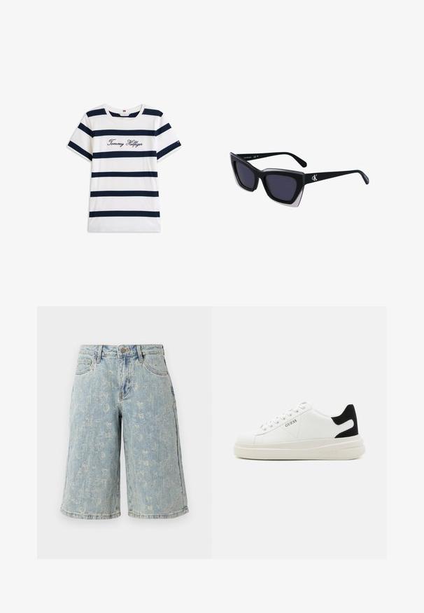 Kokvilnas T-krekls ar horizontālām tumši zilām svītrām uz balta fona. "Tommy Hilfiger" izšūts skriptā uz krūšu daļas. Cauruma apkakle.; Gaišzilā denima bikses-bermuda ar izbalējušu rakstu, piecu kabatu dizainu un taisnu piegriezumu ar saplēstiem maliņām.; Baltas ādas sporta apavi ar biezu balto zoli, melna zamša uzpura un izspiestais logotips sānos. Šņorējuma dizains ar sešiem acu caurumiem.; Melni pārmēru saulesbrilles ar ģeometrisku formu, kas aprīkotas ar tumšiem stikliem un kontrastējošu pelēku akcentu uz rāmja. Logo uz kājas.