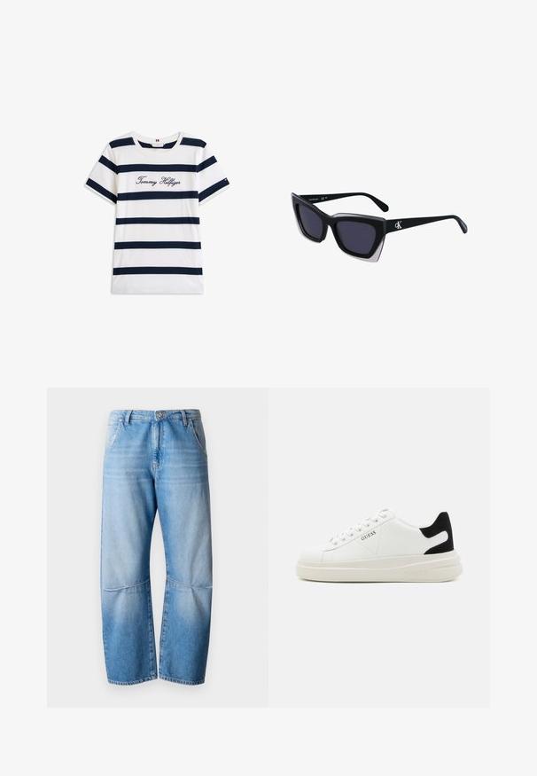 Puuvillane T-särk horisontaalsete tumesiniste triipudega valgel taustal. Rinnal on kiri "Tommy Hilfiger" kantud kursiivis. Ümmargune kaelus.; Heledad sinine denimist valmistatud teksapüksid, millel on lõtv istuvus, keskmise kõrgusega piht, sirged sääred ja kontrastne õmblus õmbluste ääres.; Valged nahast tennisetossud paksu valge tallaga, musta sametist kontsakeeuga ja külje peal riigilogo reljeefne kujundus. Lukkeskeem kuue silmaauguga.; Mustad suured mustad prillid geomeetrilise kujuga, tumedate läätsedega ja kontrastse halli detailiga raamidel. Logo käe peal.