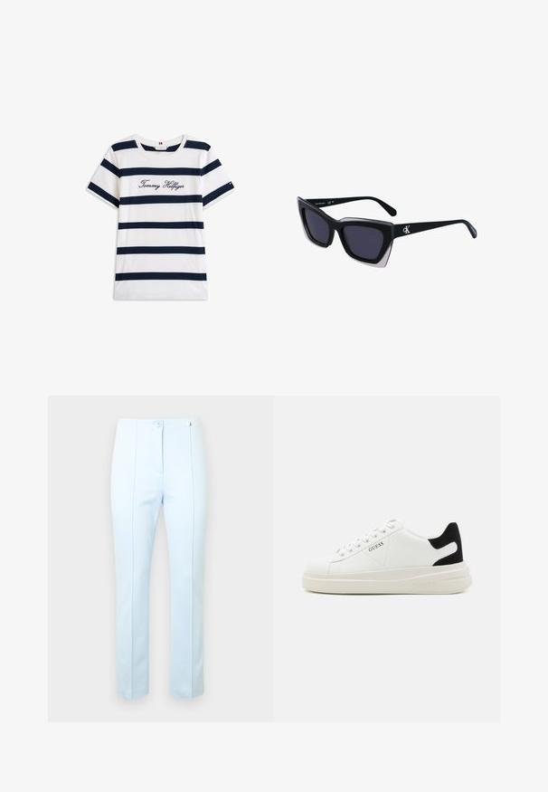 Baumwoll-T-Shirt mit horizontalen navy-blauen Streifen auf weißem Hintergrund. "Tommy Hilfiger" in Kursivschrift auf der Brust gestickt. Runder Halsausschnitt.; Hellblaue, maßgeschneiderte Hose mit glatter Textur, ausgestattet mit zwei vorderen Knöpfen, Seitentaschen und dezenten vertikalen Nähten zur Formgebung.; Weiße Leder-Sneaker mit einer dicken weißen Sohle, schwarzem Wildlederakzent an der Ferse und geprägtem Logo an der Seite. Schnürdesign mit sechs Ösen.; Schwarze übergroße Sonnenbrille mit geometrischer Form, ausgestattet mit dunklen Gläsern und einem kontrastierenden grauen Detail im Rahmen. Logo am Bügel.
