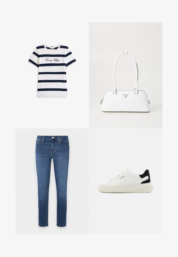 Pamučna majica s horizontalnim tamnoplave pruge na bijeloj pozadini. "Tommy Hilfiger" izvezeno kurzivom na prsima. Okrugli izrez.; Uske traperice uskog kroja u tamnoplavoj denim boji s glatkom teksturom, s patentnim zatvaračem i kopčanjem na dugme, pet džepova i kontrastnim šavovima.; Bijele kožne tenisice s debelim bijelim potplatom, crnim zamšastim akcentom na peti i ugraviranim logom sa strane. Dizajn s vezicama i šest rupa za vezivanje.; Bijela kožna torba s zakrivljenim oblikom, sadrži srebrni trokutasti logo i zatvaranje na patentni zatvarač. Glatka tekstura i dvostruke ručke.