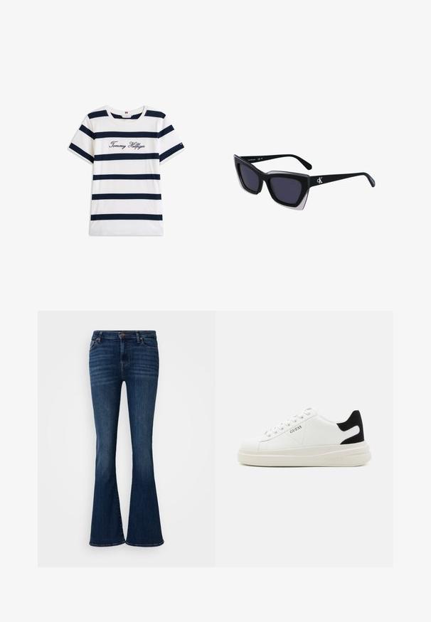 Bavlnené tričko s horizontálnymi námorníckymi pruhmi na bielom pozadí. "Tommy Hilfiger" vyšívané kurzívou na hrudi. Okrúhly výstrih.; Rozšírené tmavomodré džínsy vyrobené z denimu, s klasickým dizajnom piatich vreciek a predným zapínaním na gombík. Hladká textúra a prispôsobený strih.; Biele kožené tenisky s hrubou bielou podrážkou, čiernym zamekom na päte a vyrazeným logom na boku. Šnurovací dizajn so šiestimi očkami.; Čierne oversized slnečné okuliare s geometrickým tvarom, s tmavými šošovkami a kontrastným šedým detailom na ráme. Logo na mostíku.